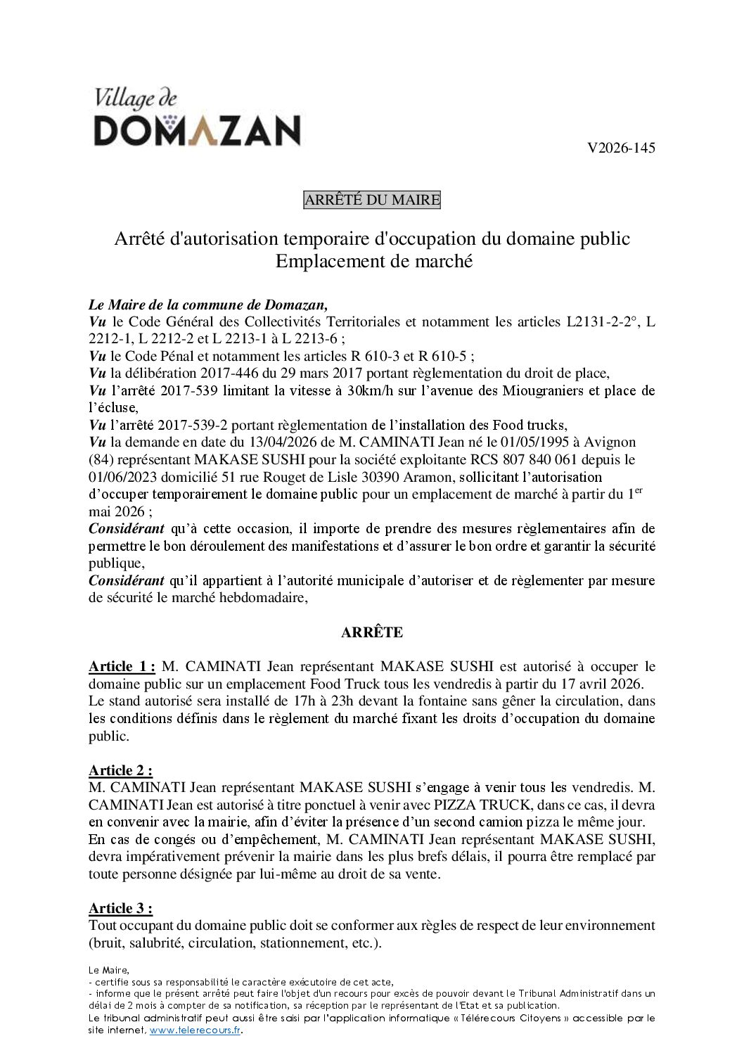Aperçu du fichier Arrêté V2026-145 – Arrêté d&rsquo;autorisation d&rsquo;occupation du domaine public –  Food truck sushi saison 2026 