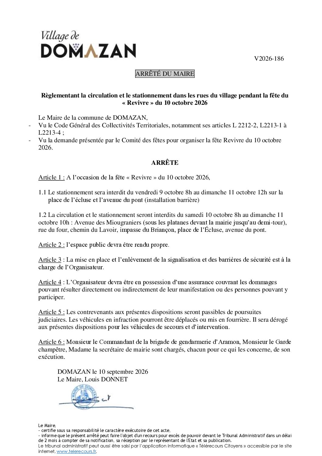 Aperçu du fichier Arrêté V2026-186 – Portant règlementation pour la manifestation du Revivre 2026 – voirie 
