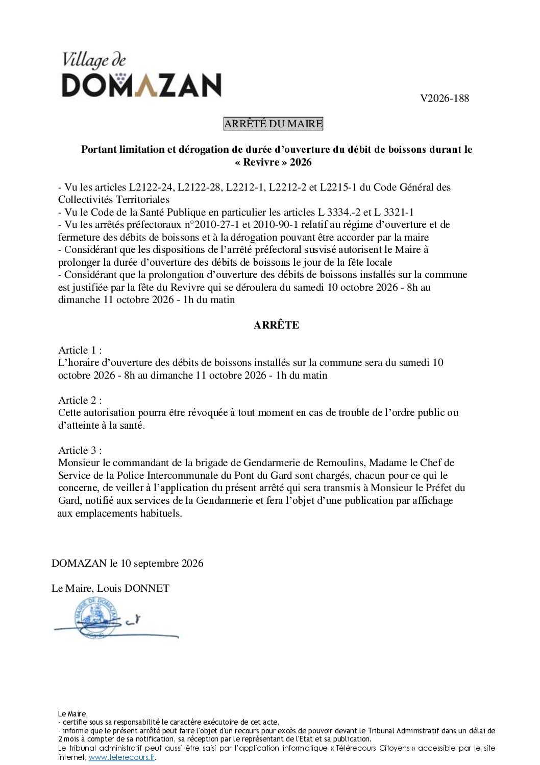 Aperçu du fichier Arrêté V2026-188 – Portant règlementation pour la manifestation du Revivre 2026 – débit boissons 