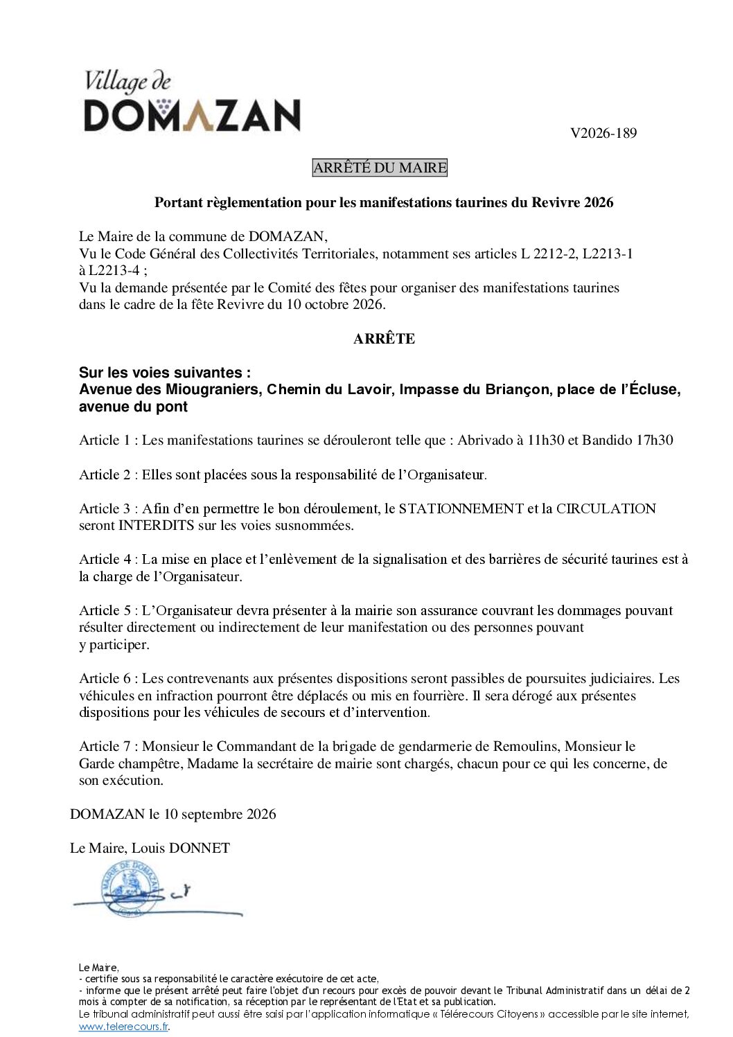Aperçu du fichier Arrêté V2026-189 – Portant règlementation pour les manifestations taurines du Revivre 2026 