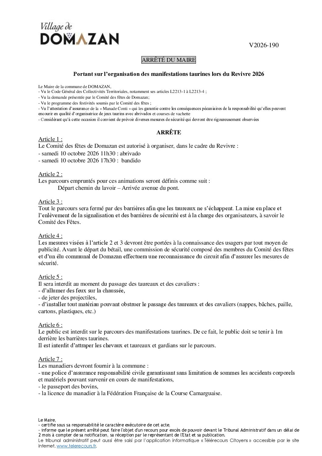 Aperçu du fichier Arrêté V2026-190 – Portant sur l’organisation manifestations taurines Revivre 2026 