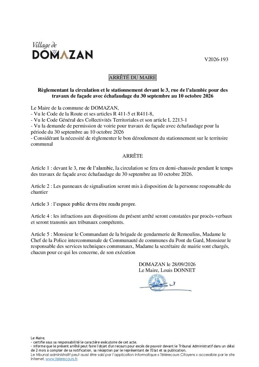 Aperçu du fichier Arrêté V2026-193 – 3, rue de l’alambic pour des travaux de façade avec échafaudage du 30 septembre au 10 octobre 2026 