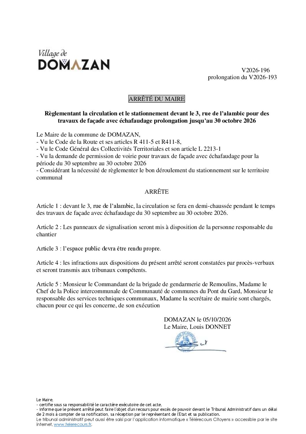 Aperçu du fichier Arrêté V2026-196 – 3, rue de l’alambic pour des travaux de façade avec échafaudage du 30 septembre au 30 octobre 2026 