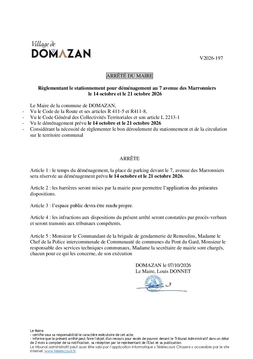 Aperçu du fichier Arrêté V2026-197 – Déménagement au 7 av des marronniers les 14 et 21-10-26 