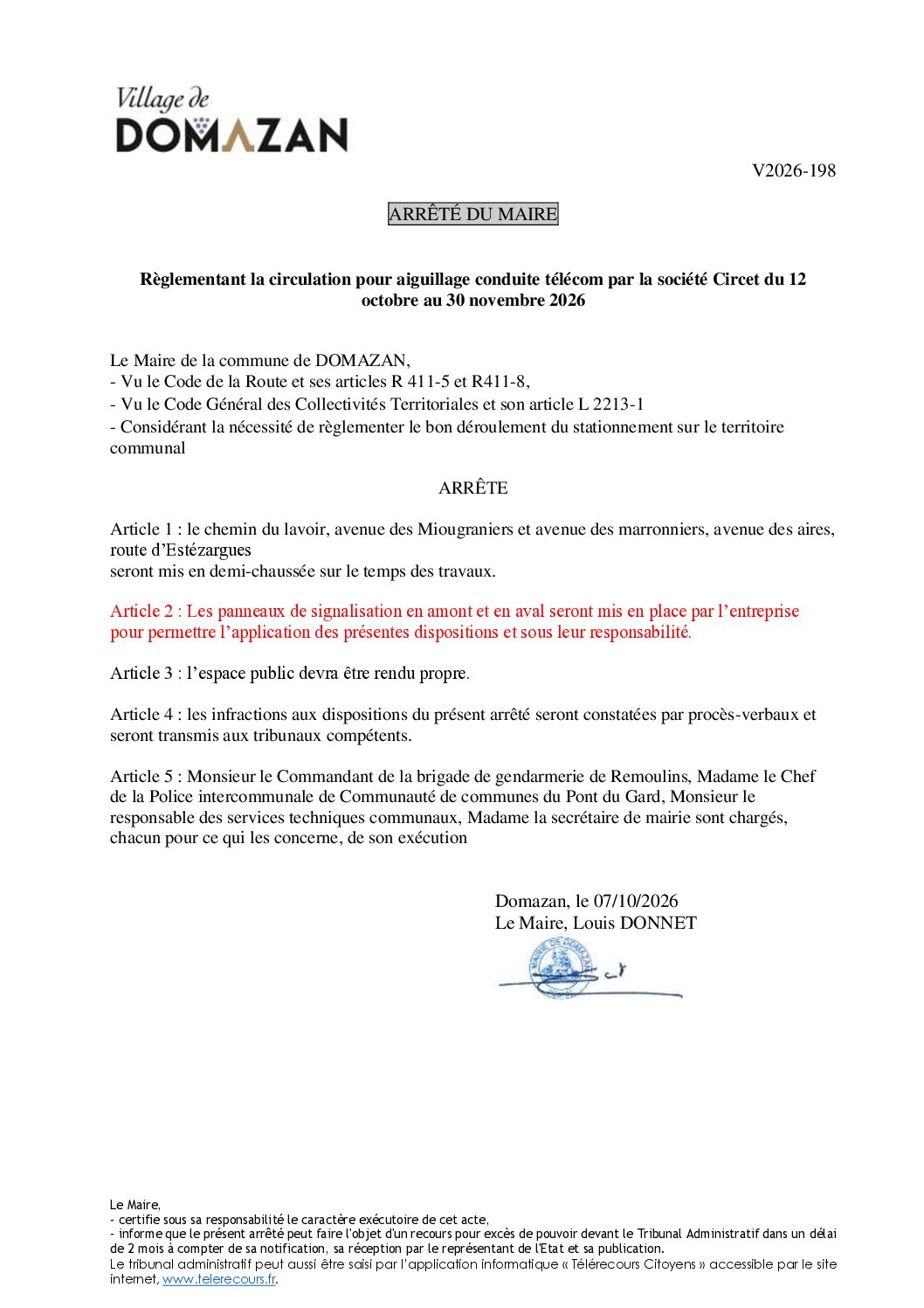 Aperçu du fichier Arrêté V2026-198 – Aiguillage conduite télécom par Circet du 12 octobre au 30 novembre 2026 